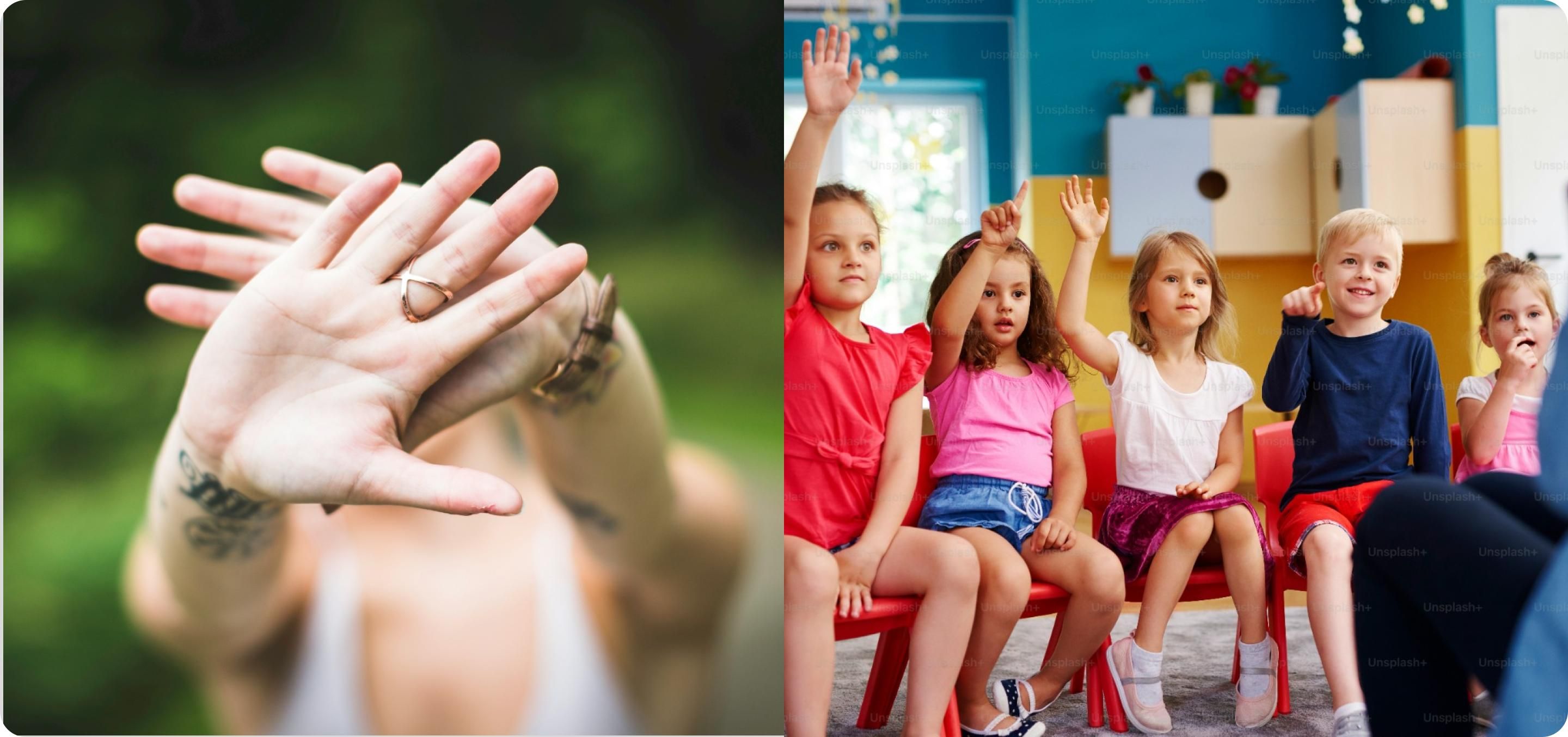 Two images representing types of bias: A woman holding her hands out as if saying stop or no (non-response bias), and children in class raising their hands (self selection bias).