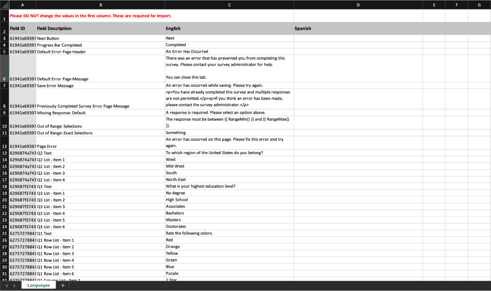 Excel spreadsheet showing what the template files look like