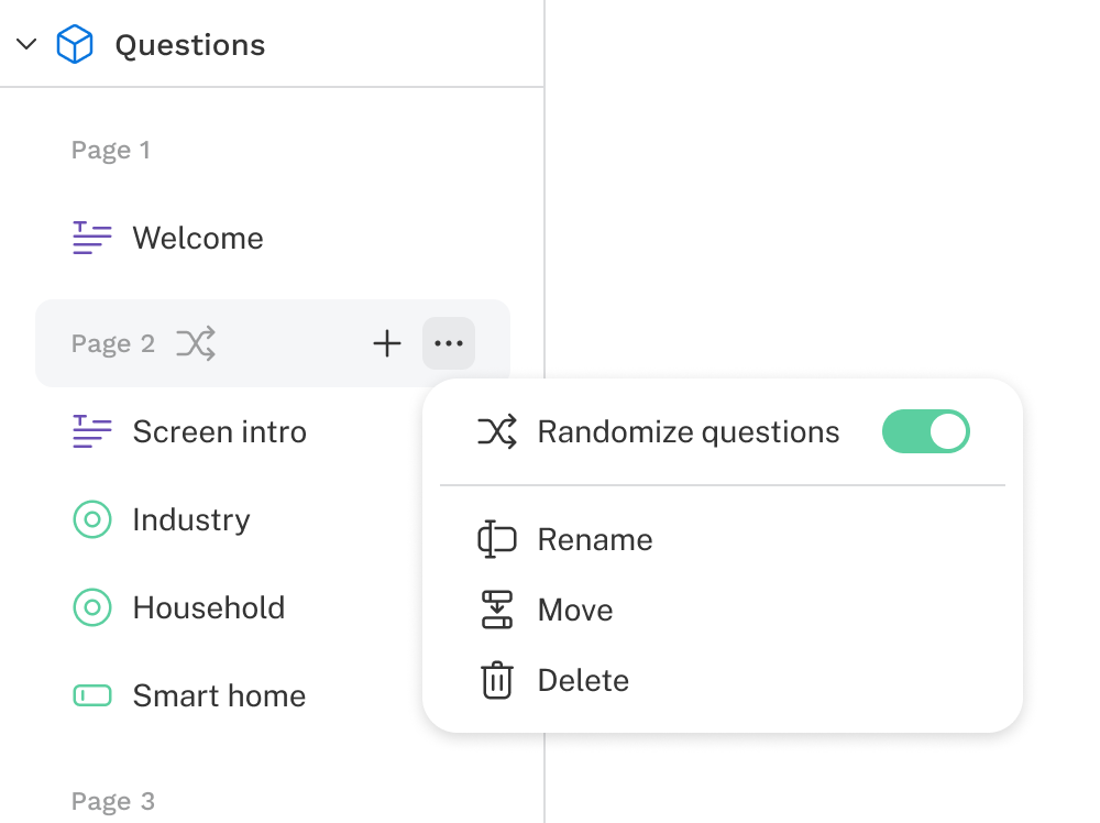 The options dropdown for a page is shown open with the randomize questions toggle on.