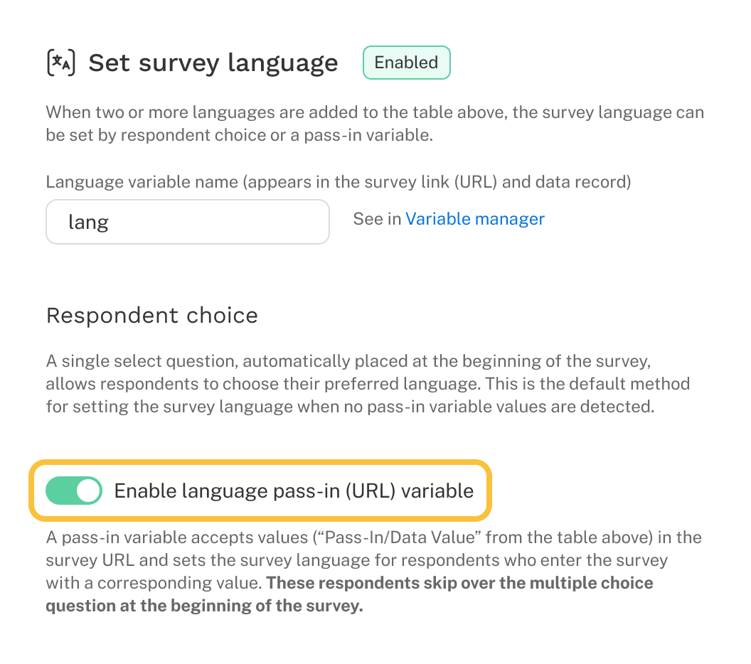 User interface showing where to toggle on Pass-in Variables to define the survey language