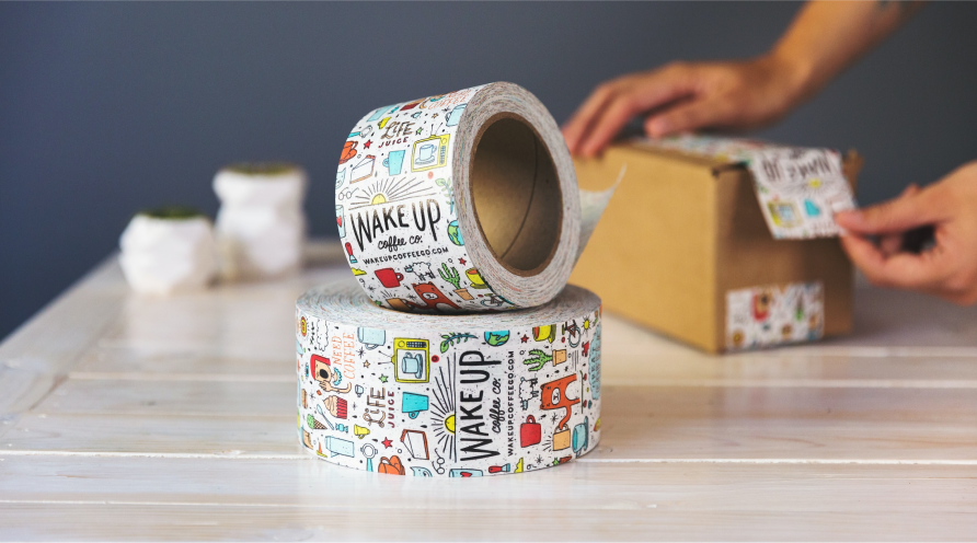 Custom illustrations on packaging tape, illustrating conjoint analysis for branding and package design