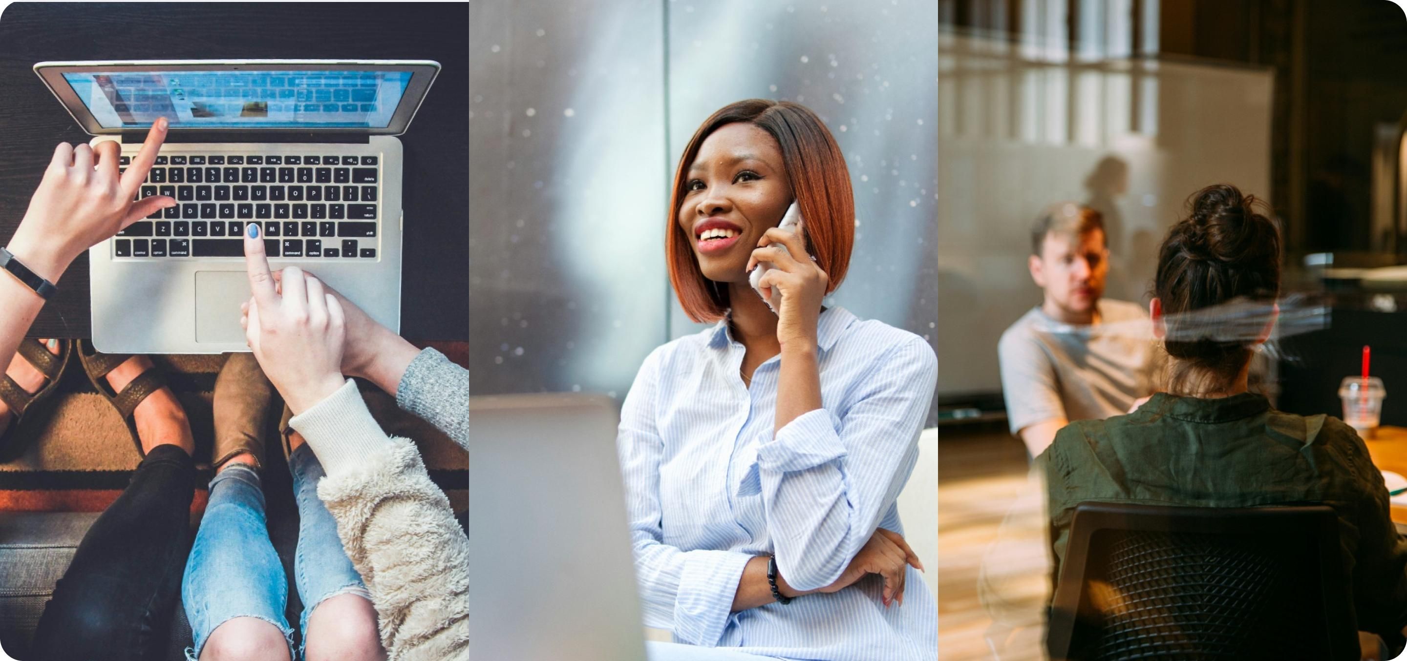 Three images representing three survey types: Hands pointing to a computer screen (online surveys),A black woman on a phone (telephone surveys), and a man and woman at a table (in-person surveys). 